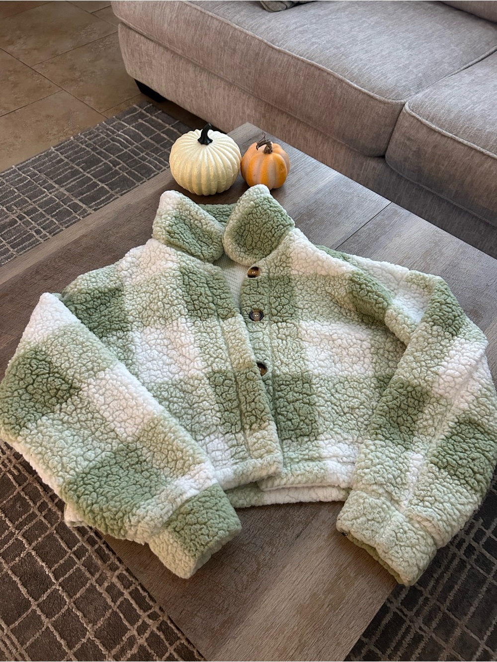 Woman’s Plush Sherpa Jacket - Green & White